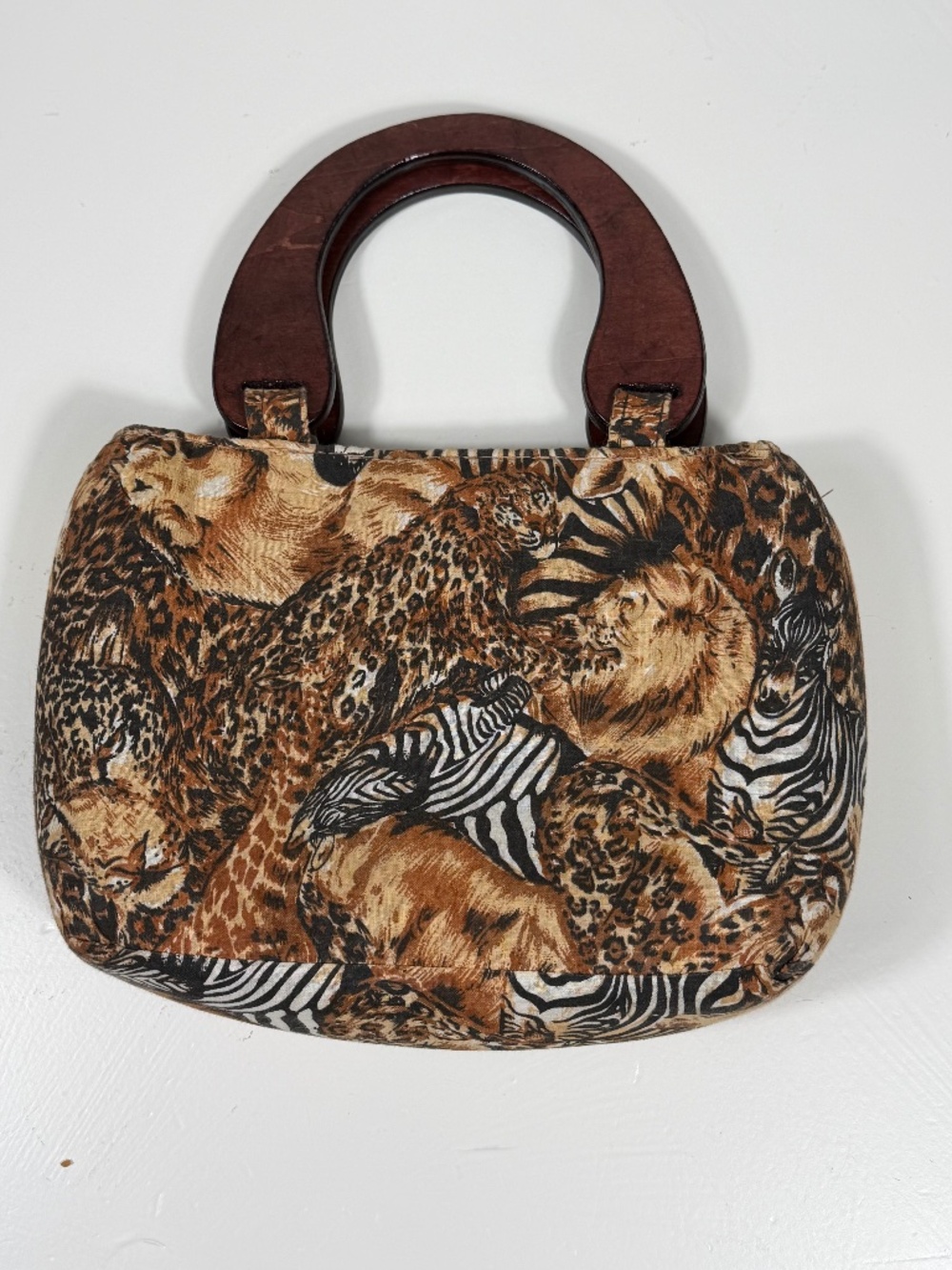 Vintage 90s Safari Jungle Print Purse with Wood Handles | Zebra Giraffe Leopard